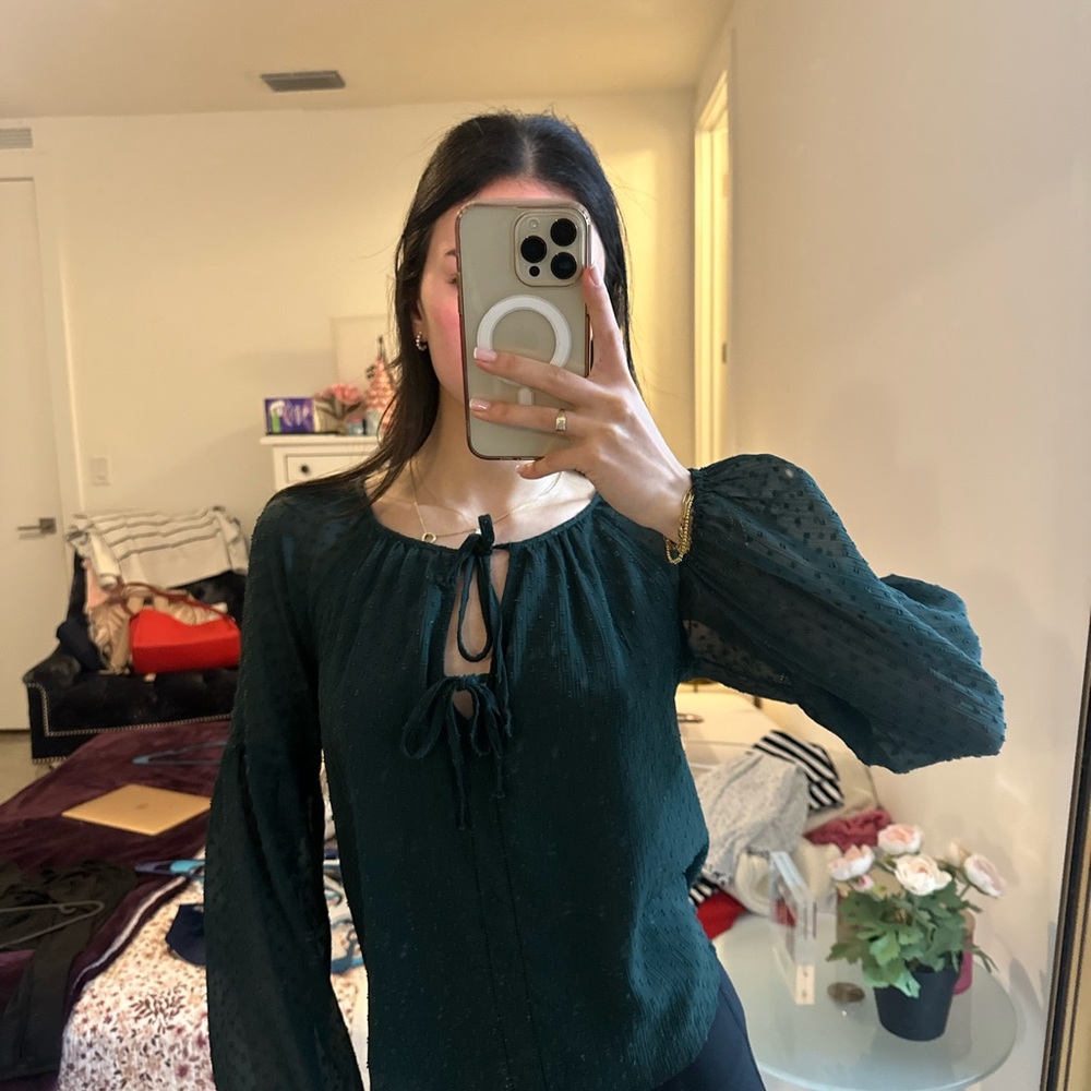 Green Long Sleeve Tie Front Blouse